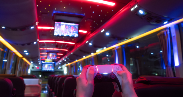 32 seater VIP coach, PlayStation bus rental, gaming bus, restroom tour bus, Galaxy Patsornchai X, bus rental Bangkok, Bangkok tour bus, Thailand bus rental